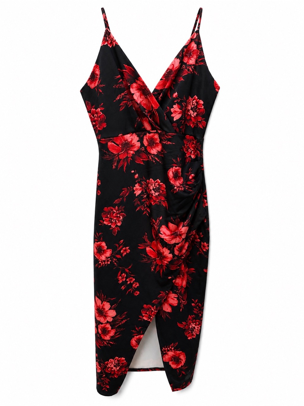 Black Midi Dress with Red Floral Print and Faux-Wrap Silhouette